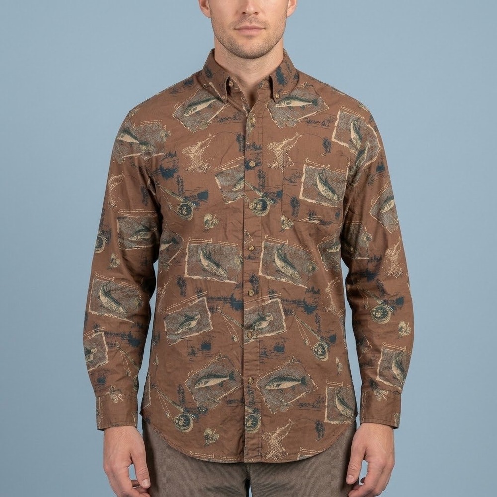 Field & Stream Fishing Print Button Shirt Mens L Brown Cotton Long Sleeve EUC